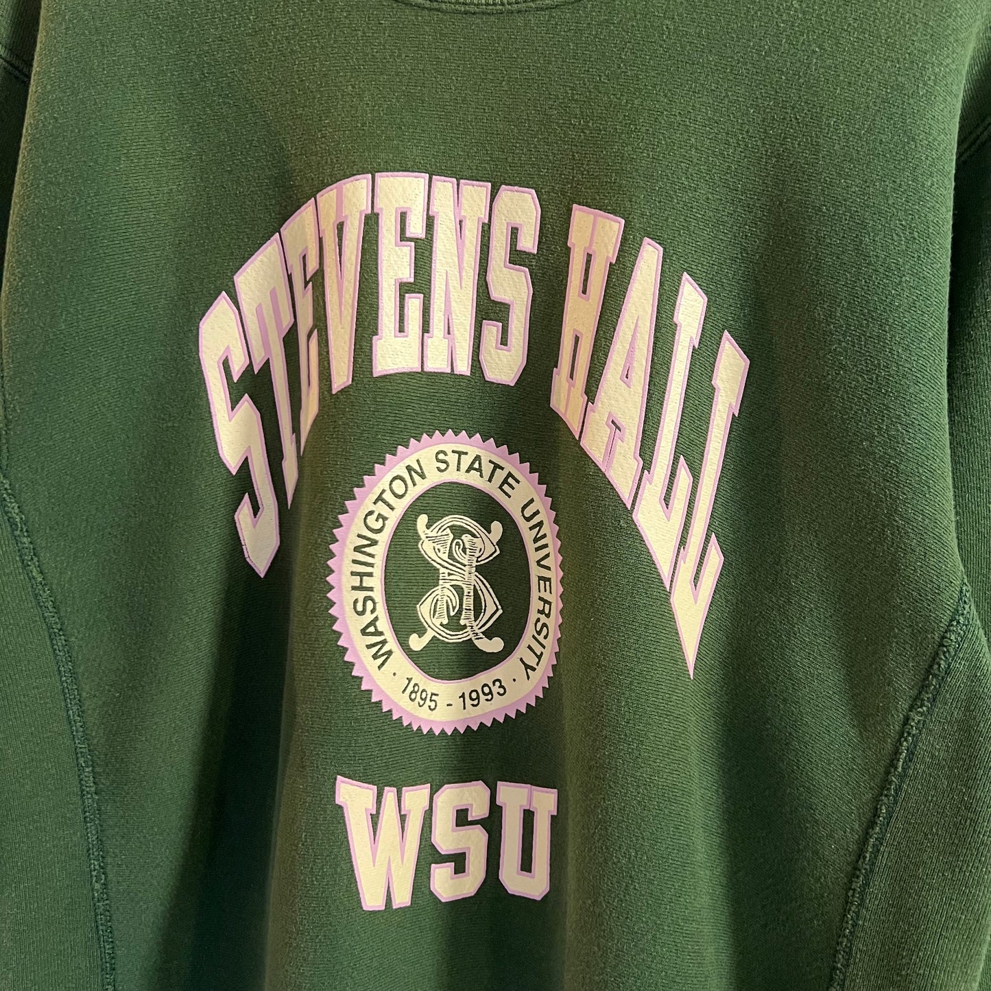 Vintage 1993 Steven’s Hall Washing State University Reverse Weave Crewneck Sweatshirt - Size Large/XL - Made In USA - Green/White/Purple