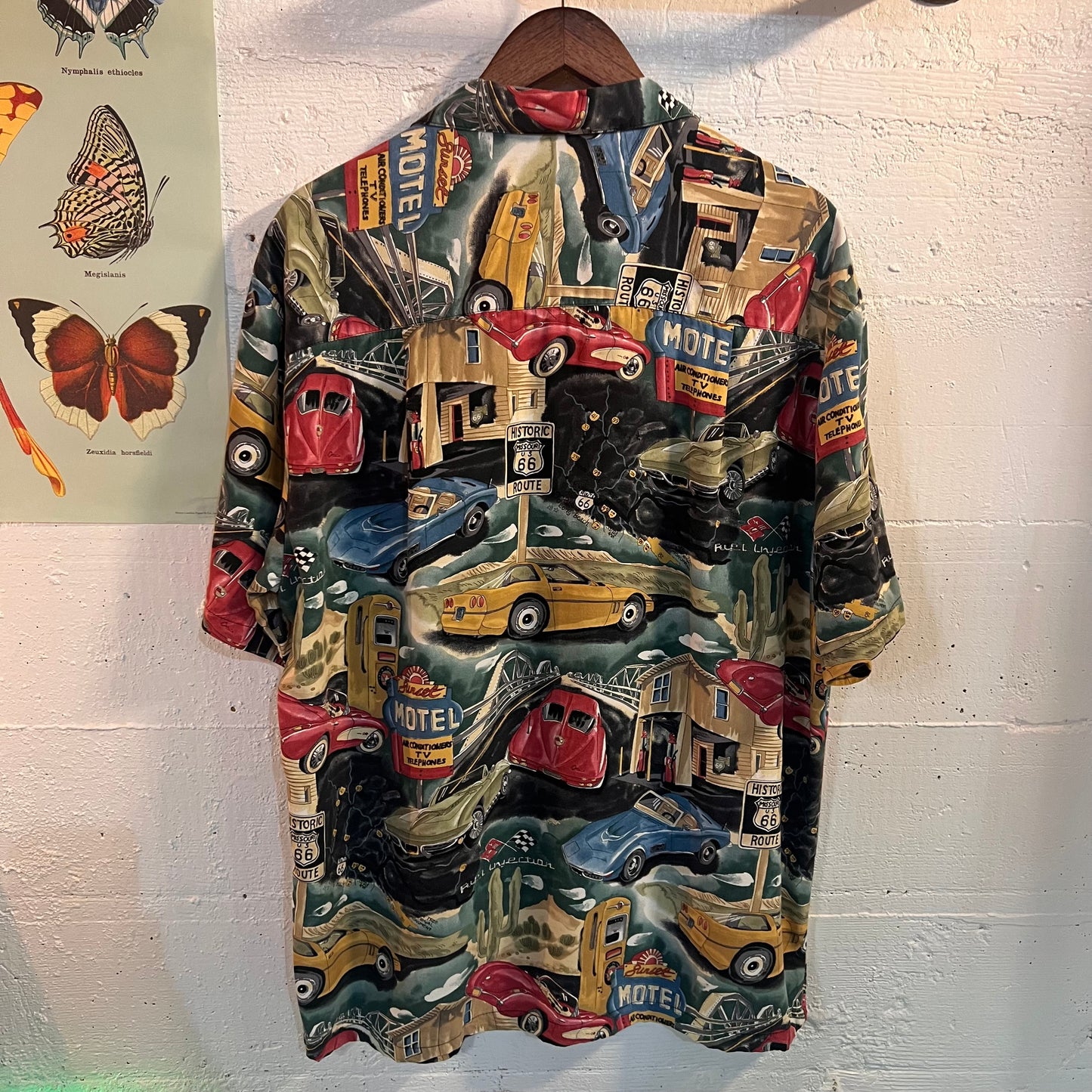 Vintage Paradise Found Corvette 'Route 66' Rayon Aloha Hawaiian Shirt - Size Large - Made In Hawaii (USA)