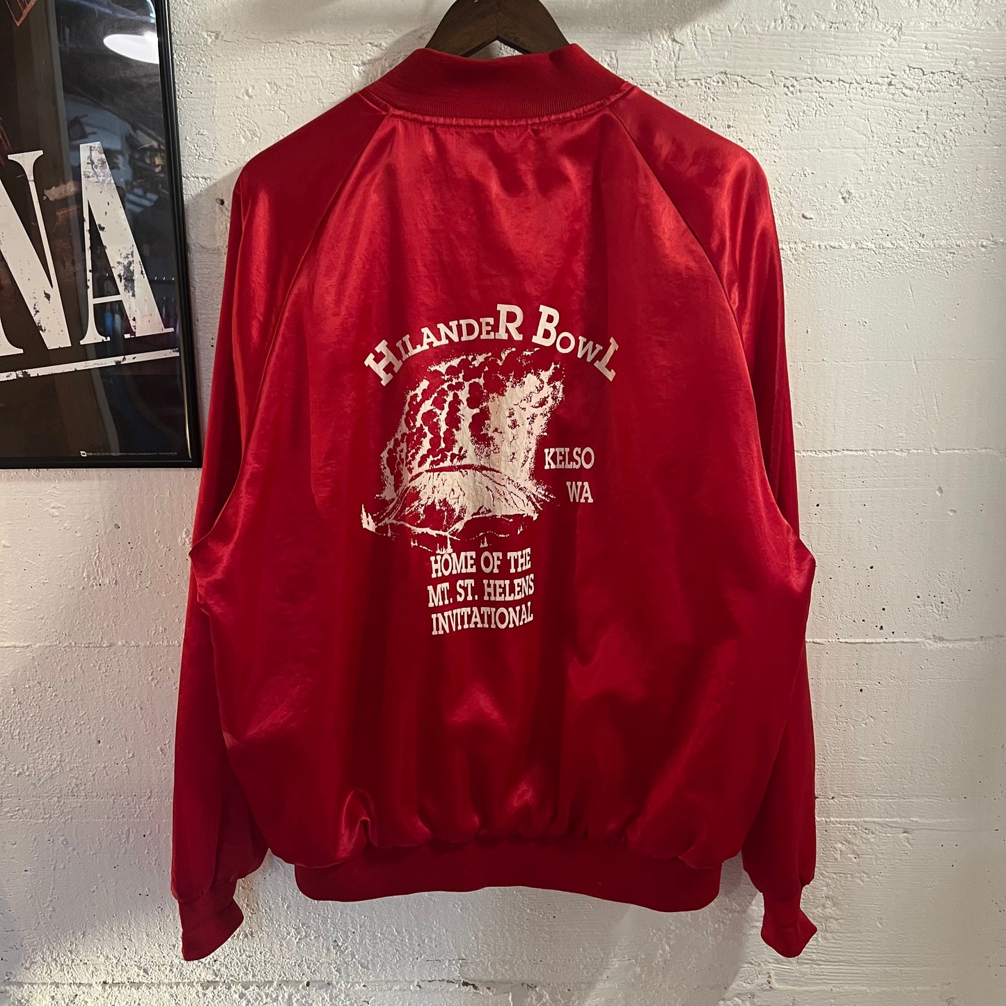 Vintage 1980's Highlander Bowl Mt. St Helens Invitational 'Kelso WA' Satin Bomber Jacket - Size XL - Union Made In USA - Red/White