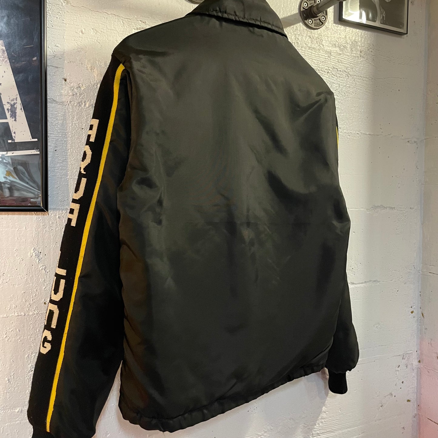 True Vintage 1970's U.S. Divers Aqua Lung Scuba Bomber Jacket With Intarsia Sleeves - Size Small - Made In USA - Black/Yellow