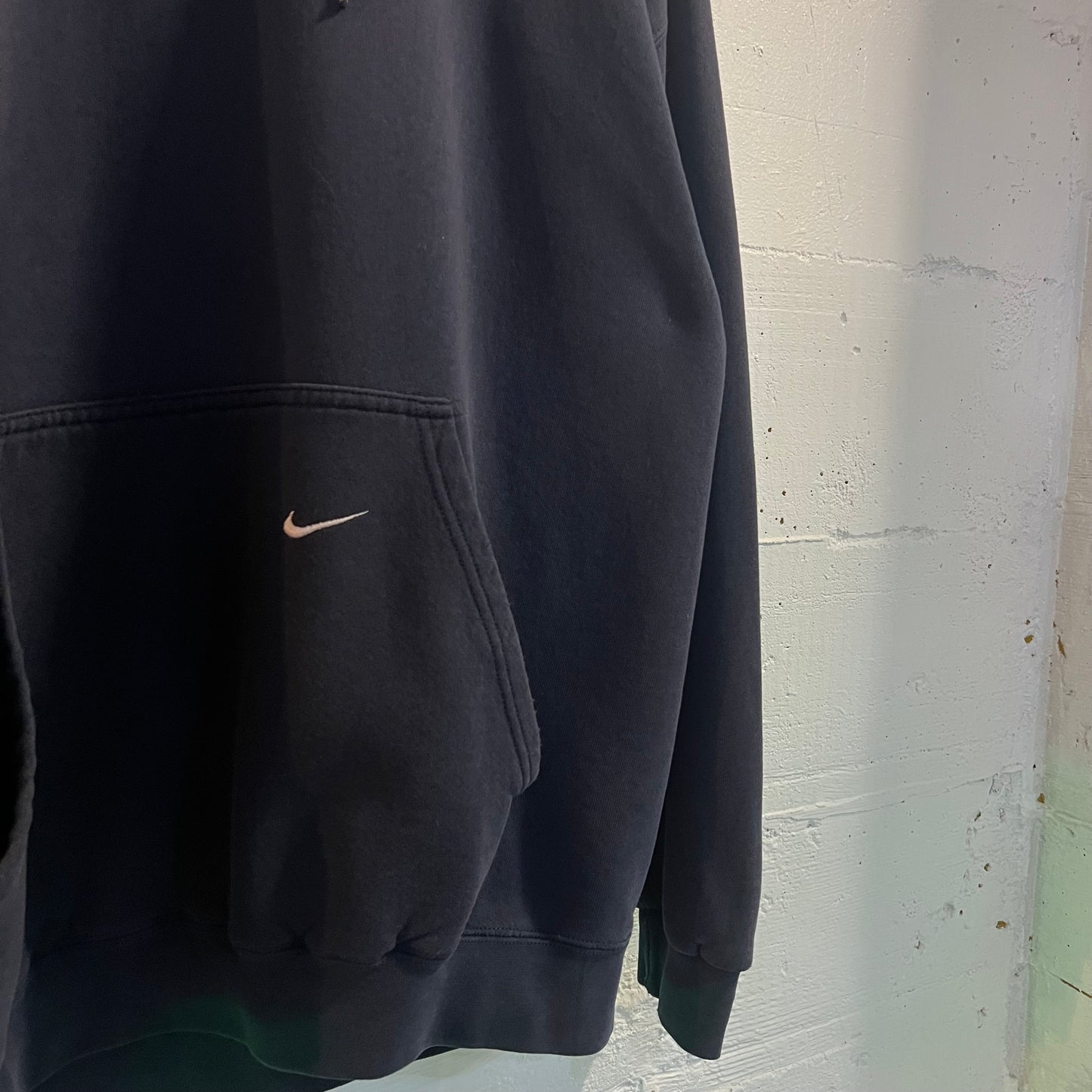 Vintage 90's Nike Spellout Embroidered 'Tracing' Distressed Hoodie Sweatshirt - Size Large - Made In USA - Navy