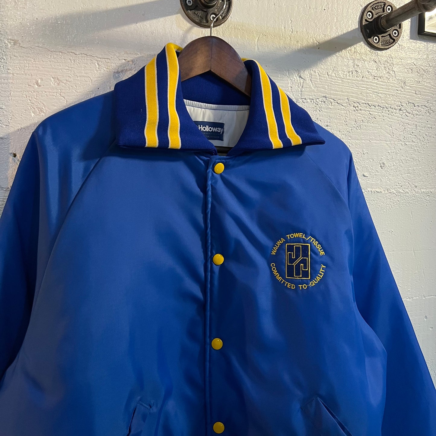 Vintage 90's Fold Down Collar Satin Bomber Jacket 'James River-Wauna Mill' - Size Large - Made In USA - Blue/Yellow