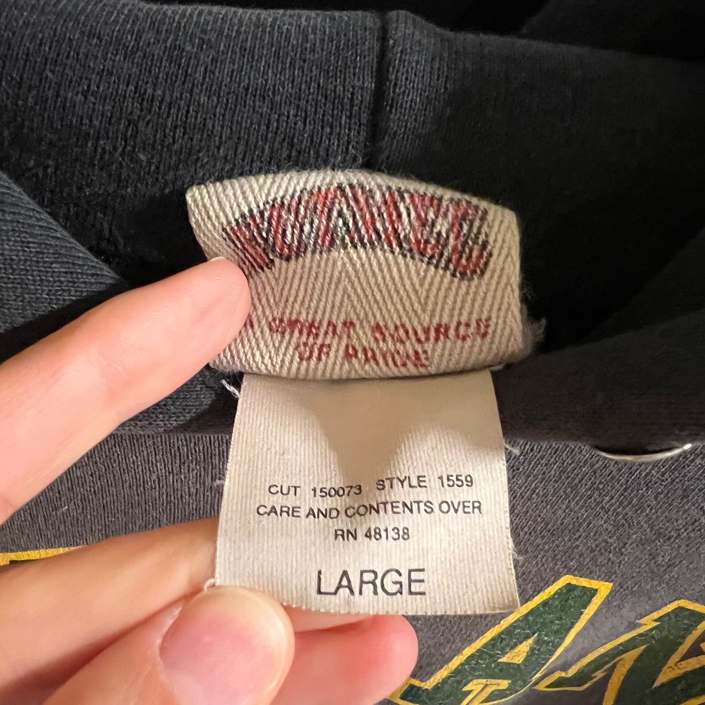 Vintage 90’s Faded Nutmeg Mills Oakland Athletic MLB Hoodie Sweatshirt - Size Large - Made In USA - Black/Green/Yellow