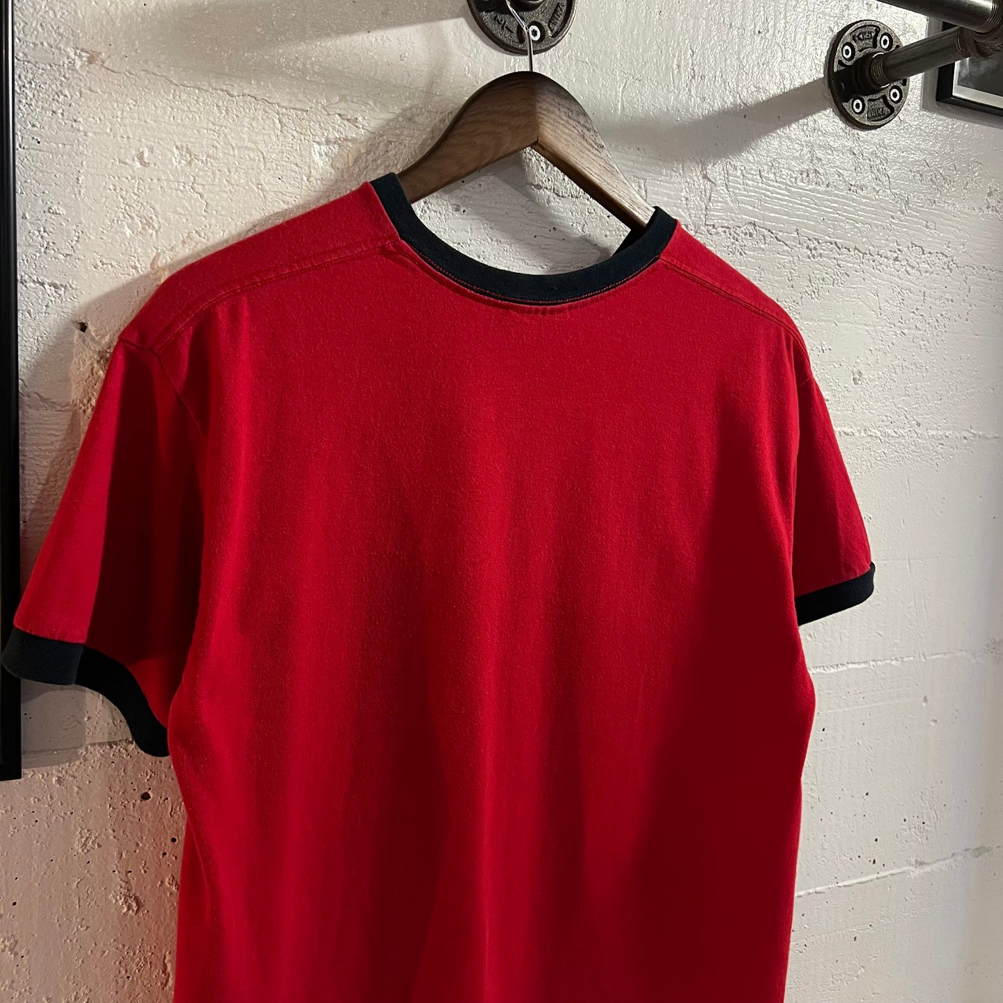 Vintage 90’s Embroidered Nike V-Neck Ringer Baby Tee - Size Medium - Made In USA - Red/Black/White