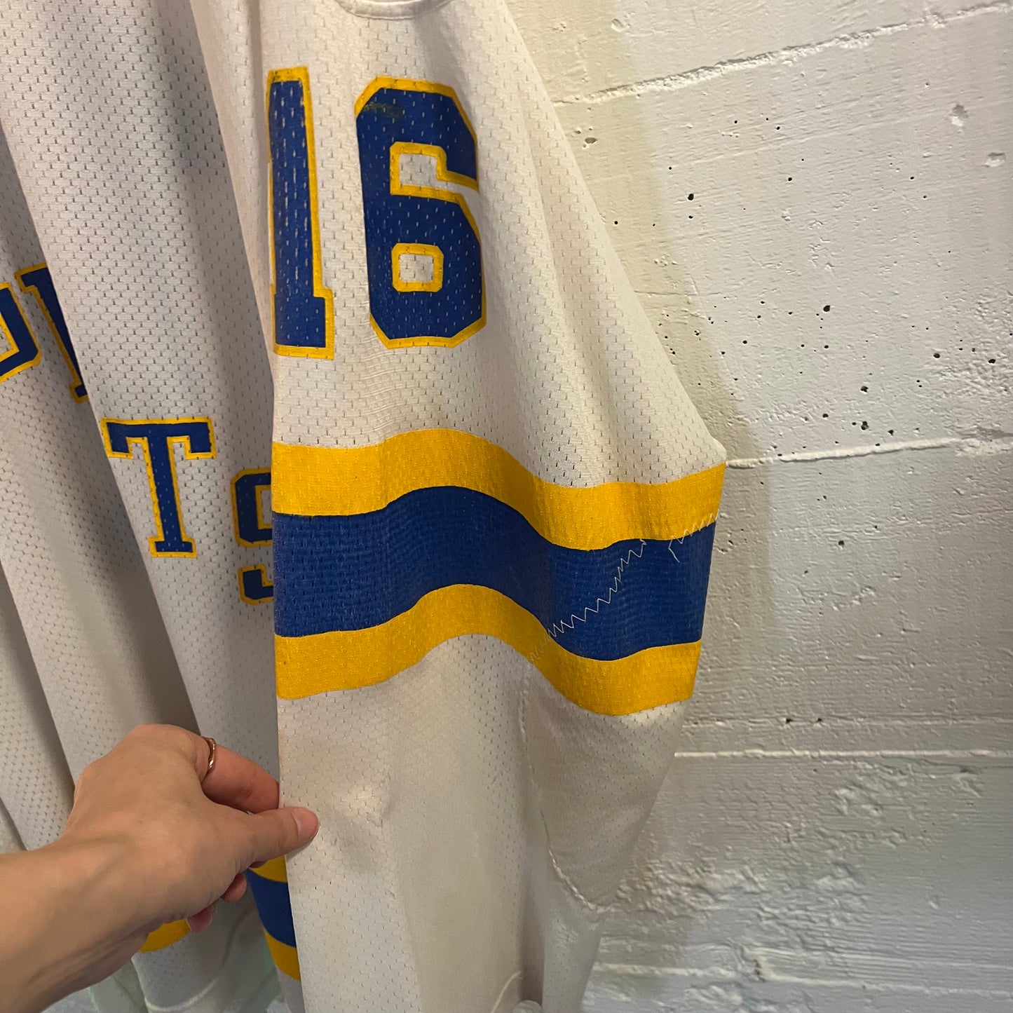 Vintage 1980's Champion Regents Hockey Jersey - Size XL (48) - Made In USA - White/Blue/Yellow