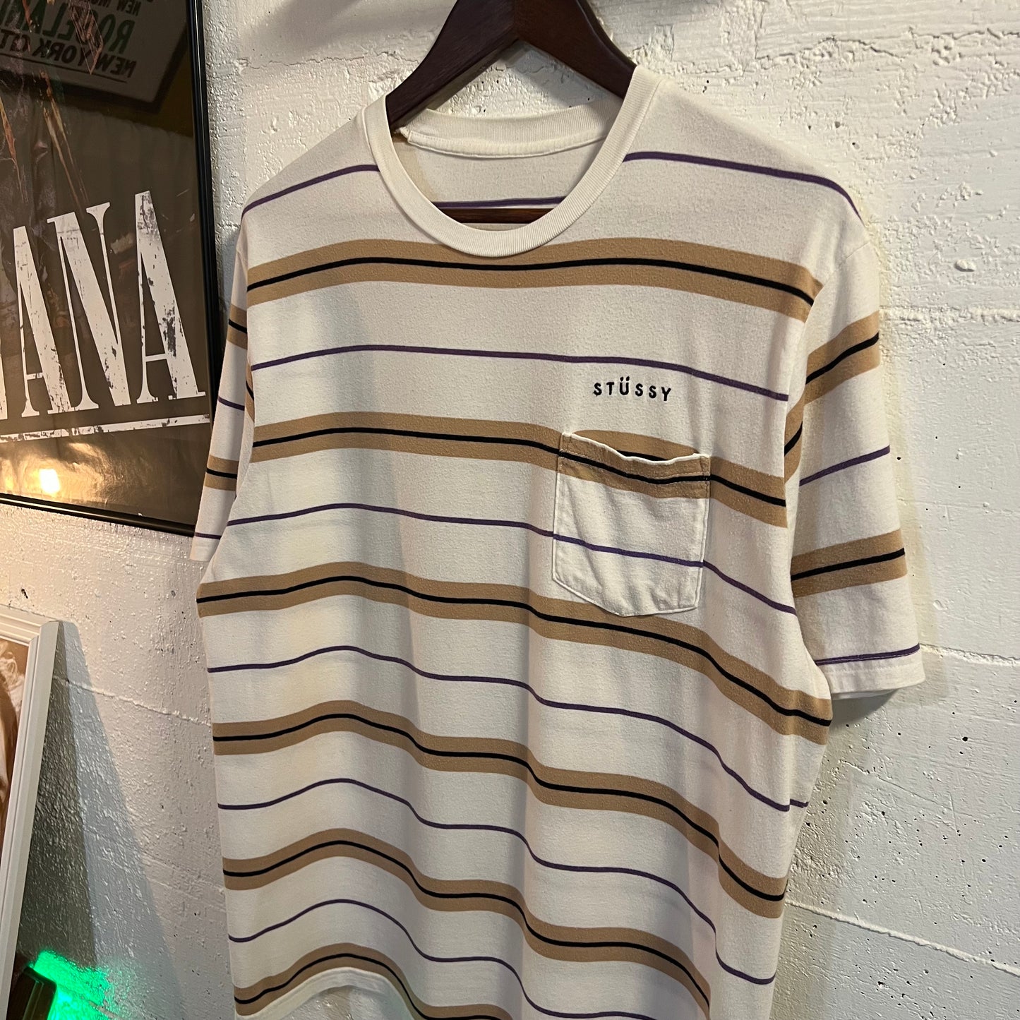 *Pre-Owned* Stüssy Embroidered Logo Striped Pocket T-Shirt - Size Medium - White/Beige/Violet