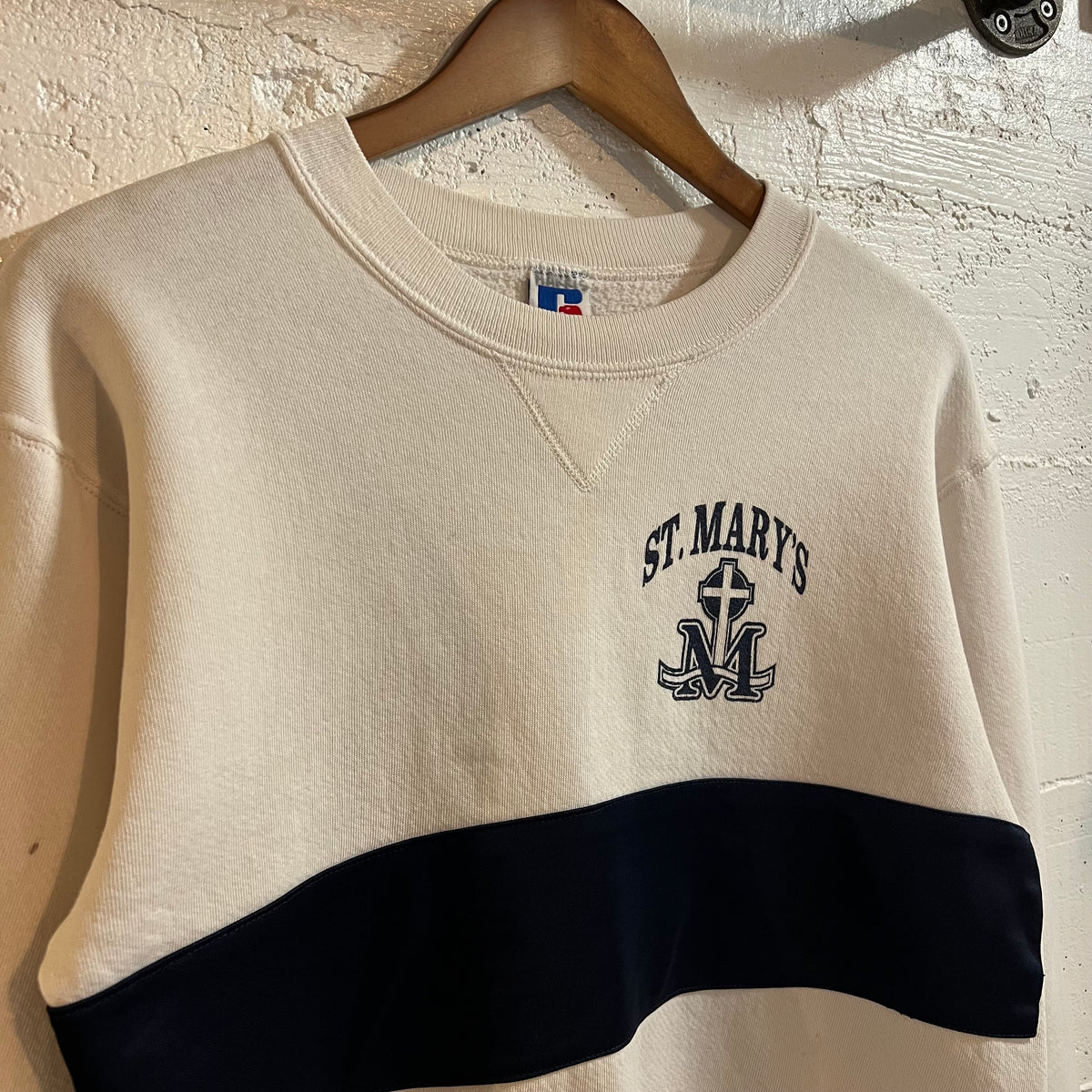 Vintage 90’s Russell Athletic St. Mary’s Crewneck Sweatshirt - Size Medium - Made In USA - White/Navy