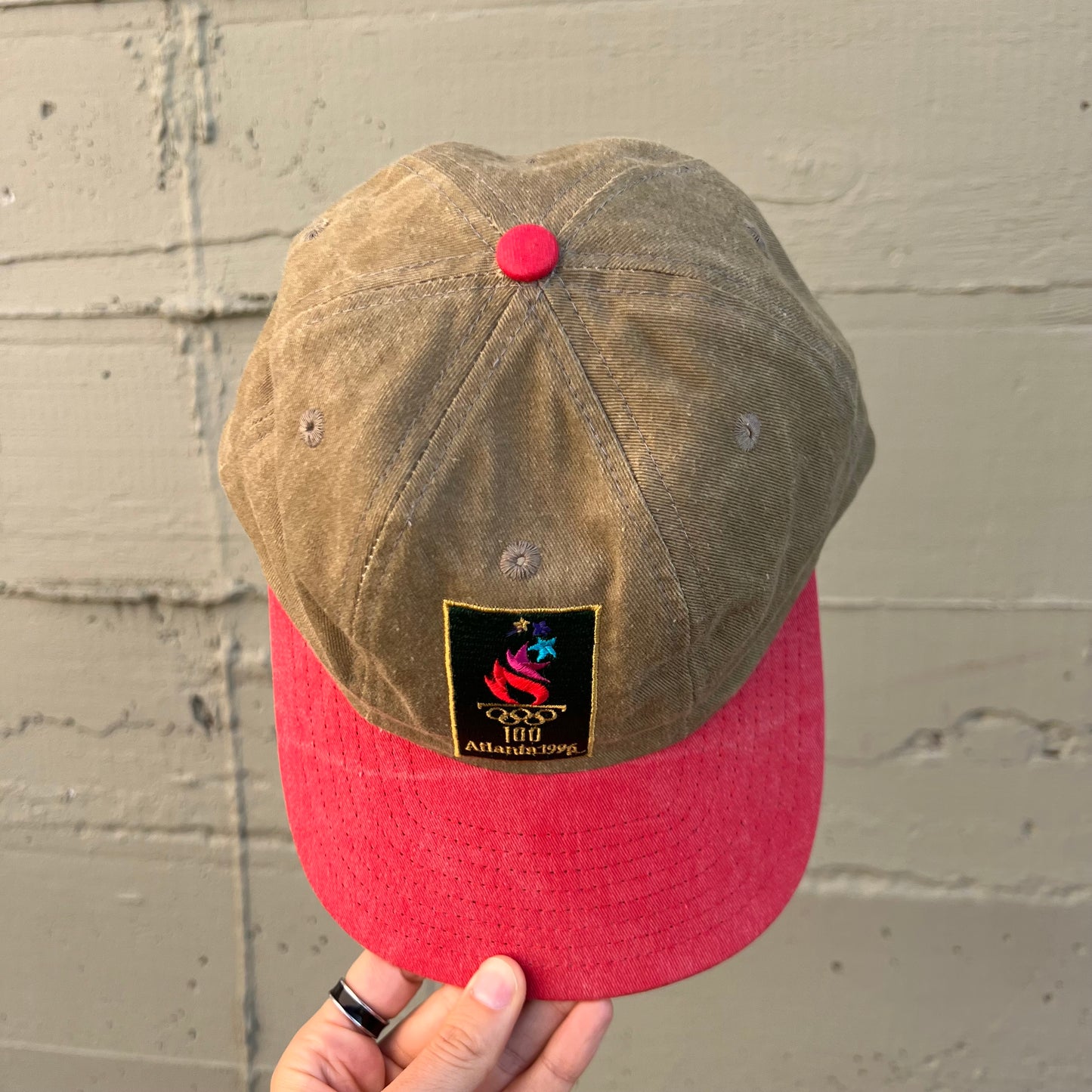 Vintage 1996 Atlanta Olympics Embroidered 6-Panel Strapback Dad Hat - O/S - Washed Salmon/Khaki