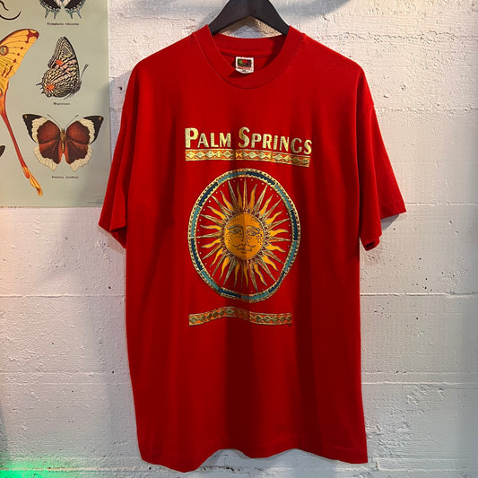 Vintage Palm Springs Single Stitch Gold Aztec Sun Puff Print T-Shirt - Size XL - Red