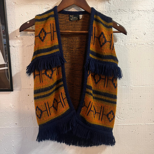 Vintage 70’s Sears Student Southwestern Serape Sweater Vest - Size Youth Large - Made In USA - Orange/Mustard/Navy