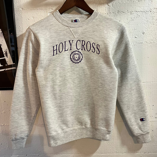 Vintage 90’s Champion Holy Cross  College Worcester, MA Crewneck Sweatshirt - Size Youth Large - Made In USA - Heather Grey/Purple/White