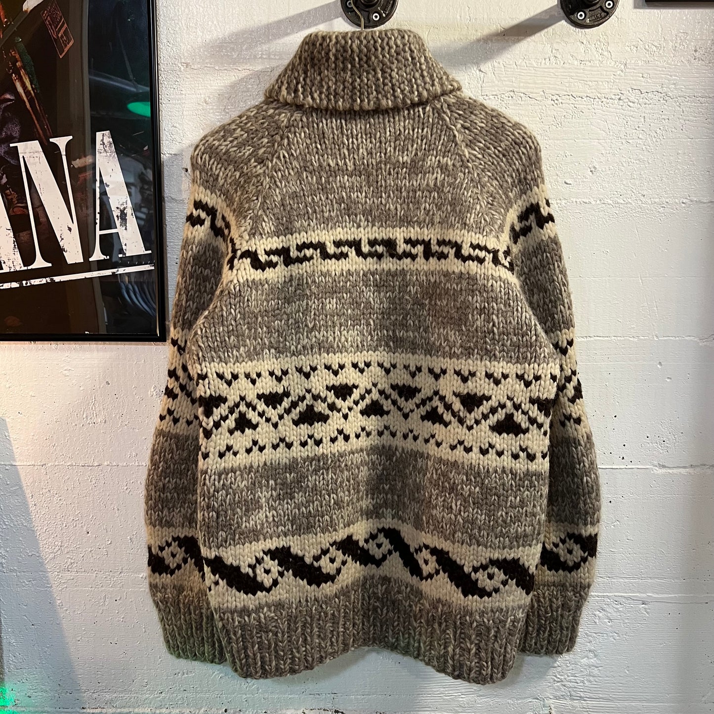 Vintage 60's Cowichan Intarsia Heavy Knit Wool Sweater Acme Zipper - Size Large - Made In USA - 100% Wool