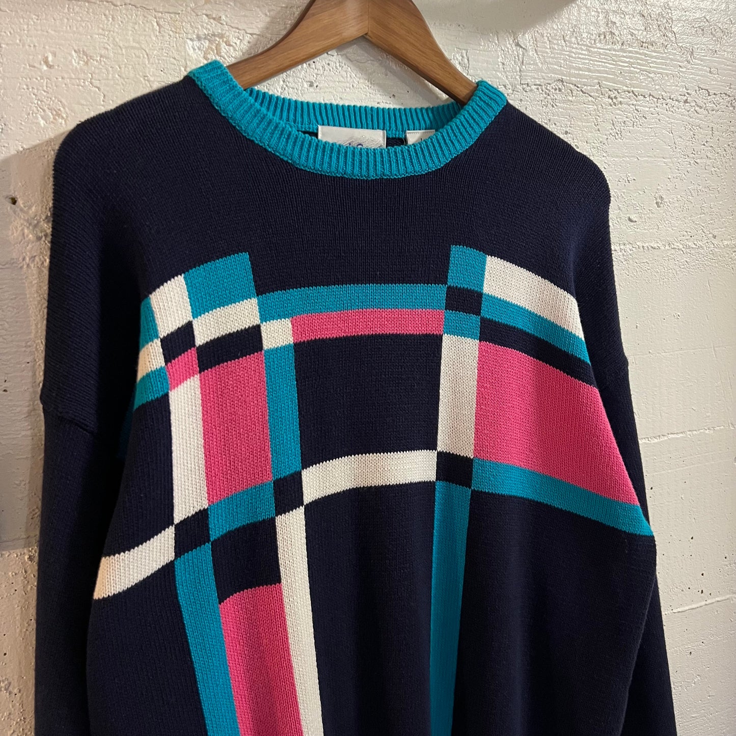 Vintage 80’s Mark Scot Geometric Plaid Pattern Knitted Sweater - Size Large - Navy/Turquoise/Pink/White