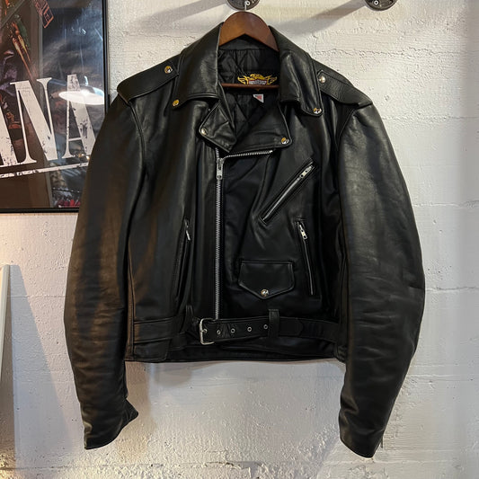 Vintage Leather Insulated Moto Biker Jacket - Size 46 (L/XL) - Made In USA - Black - Genuine Leather