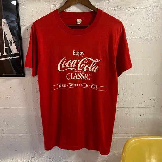 Vintage 80’s Coca-Cola Classic ‘WORQ 102.3 FM’ Single Stitch T-Shirt - Size Large - Made In USA - Red/White/&You