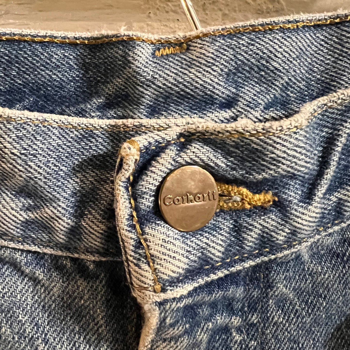 2000's Distressed Carhartt Flannel Lined Dungaree Fit Denim Carpenter Jeans - Size 31" x 34" - Light Wash Indigo - B236-DST