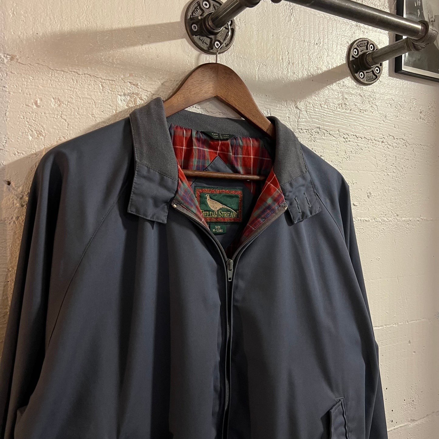 Vintage 90’s Field & Stream Plaid Lined Chip Strap Raglan Harrington Jacket - Size Medium Long - Red Plaid/Grayish Blue