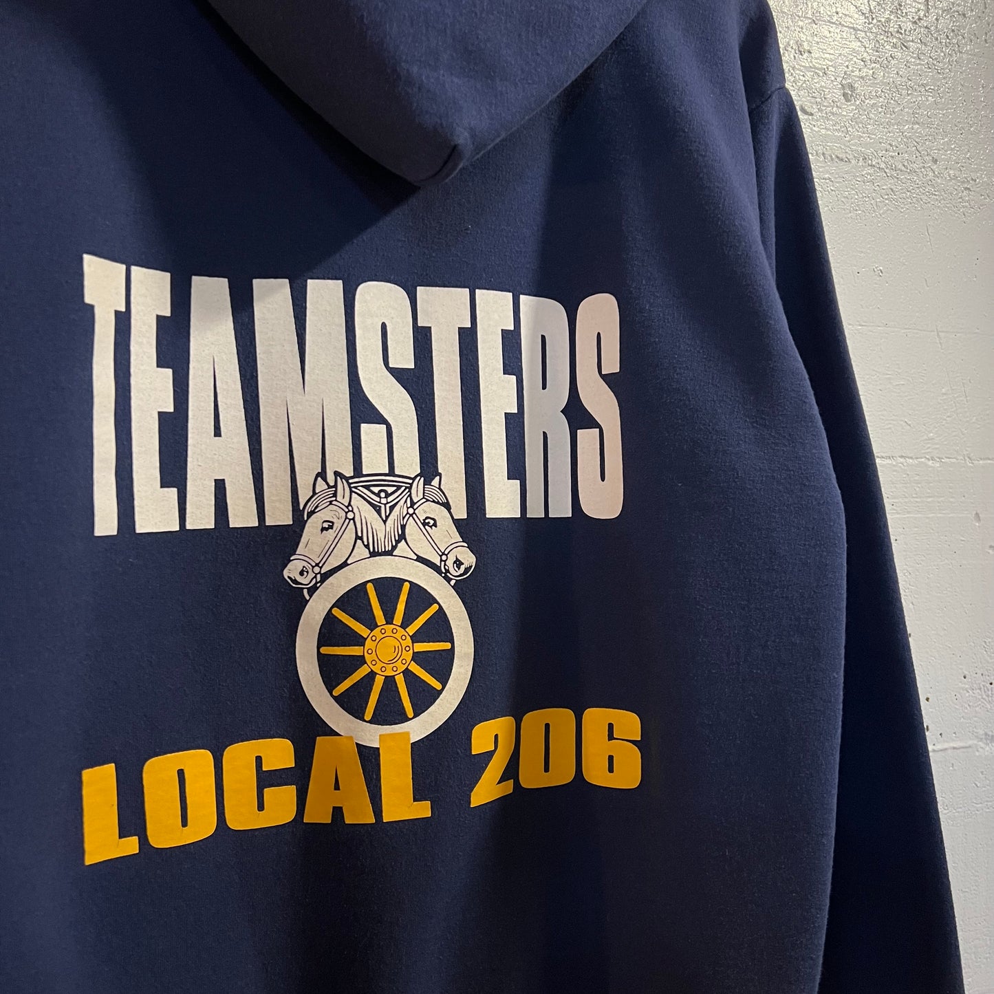 Vintage 80’s Teamsters Local 206 Hoodie Sweatshirt - Size Medium - Union Made In USA - Navy/White/Yellow