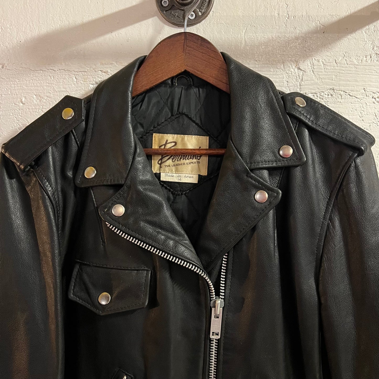 Vintage 1980's Berman's Leather Moto Biker Jacket - Size 14 (Medium) - Genuine Leather - Black