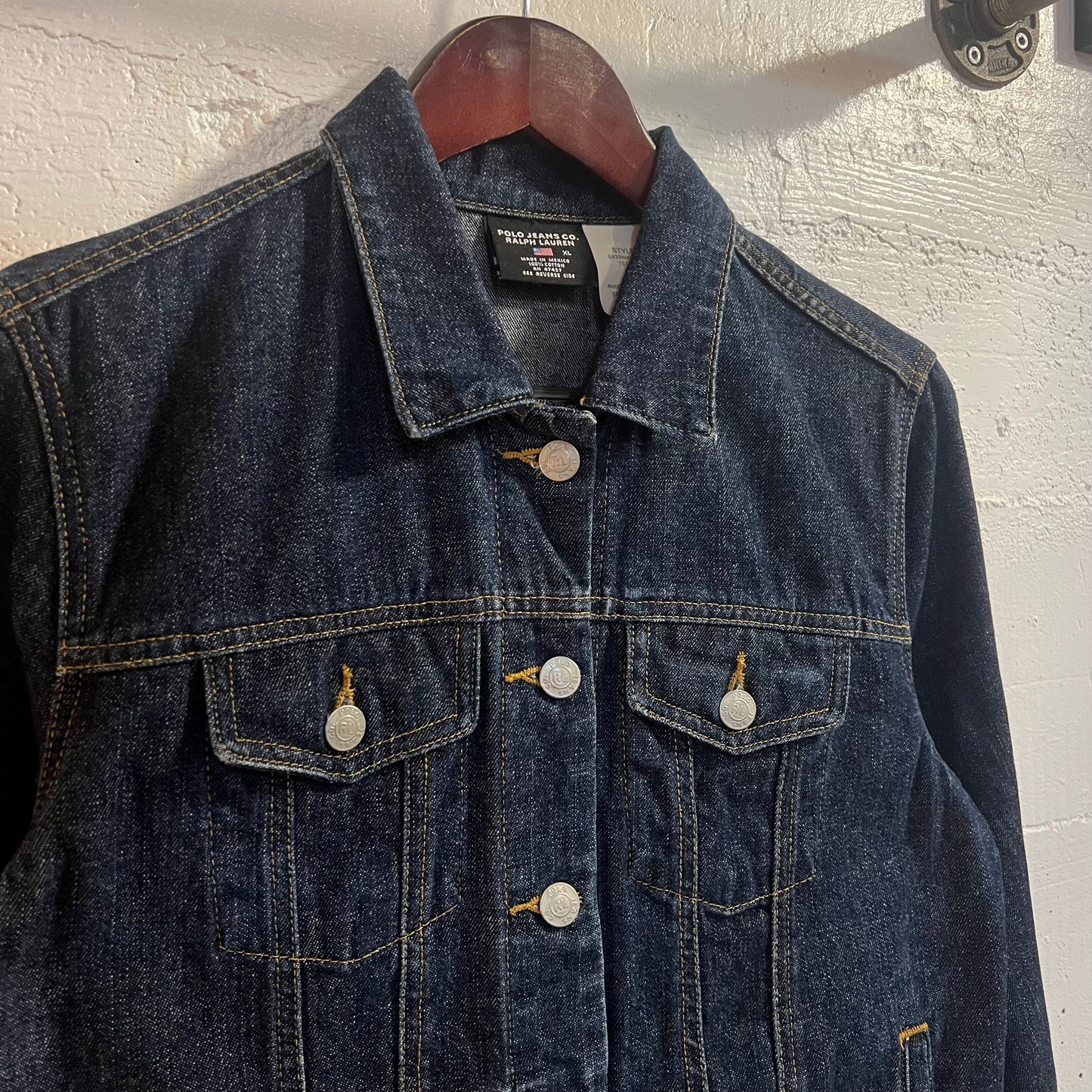 Vintage Polo Jeans Co. Ralph Lauren Rhinestone Flag Denim Trucker Jacket - Size XL - Raw Dark Indigo