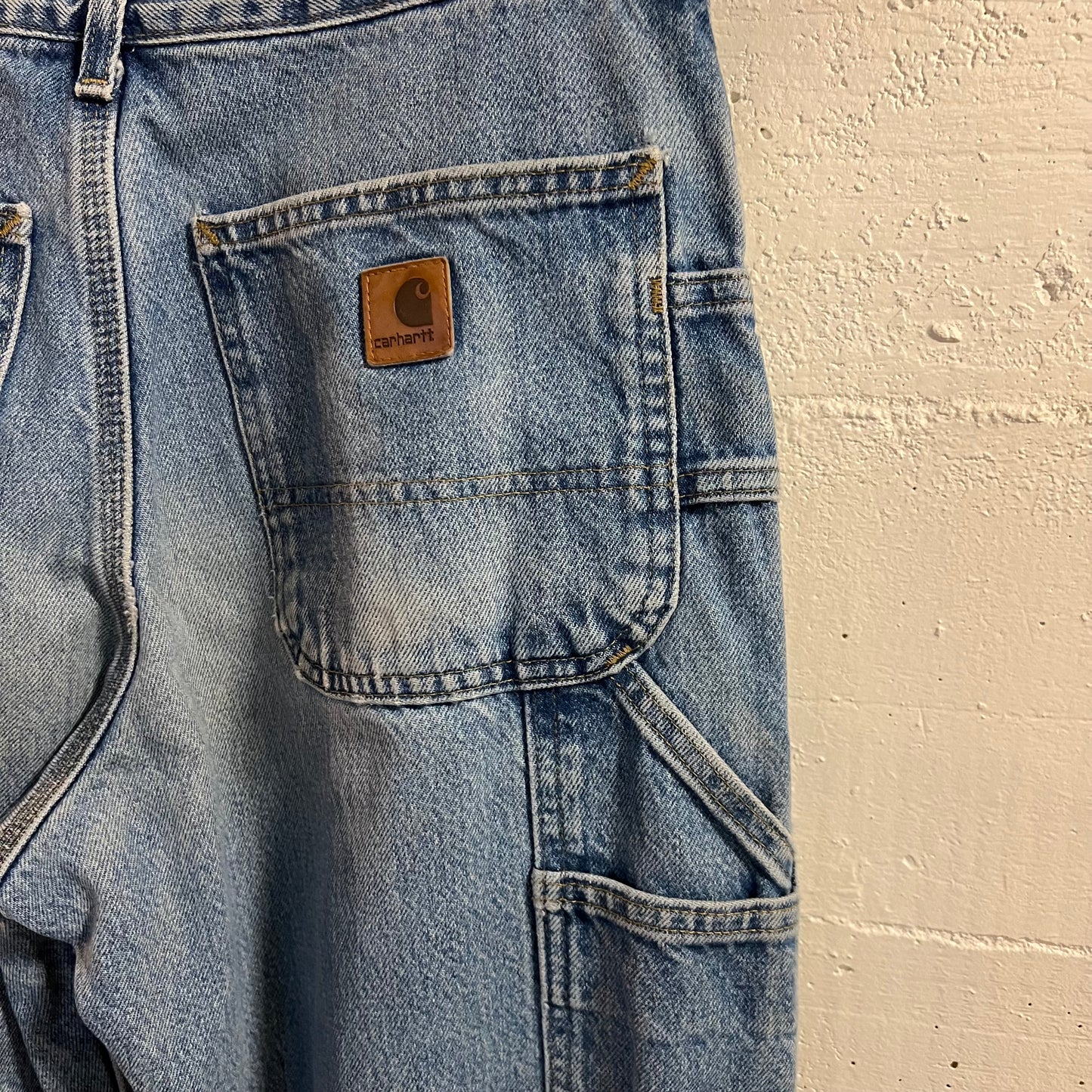 2000's Distressed Carhartt Flannel Lined Dungaree Fit Denim Carpenter Jeans - Size 31" x 34" - Light Wash Indigo - B236-DST