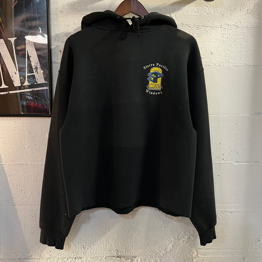 Vintage Distressed Sierra Pacific Windows Cropped Hoodie Sweatshirt - Size Large - Faded Black