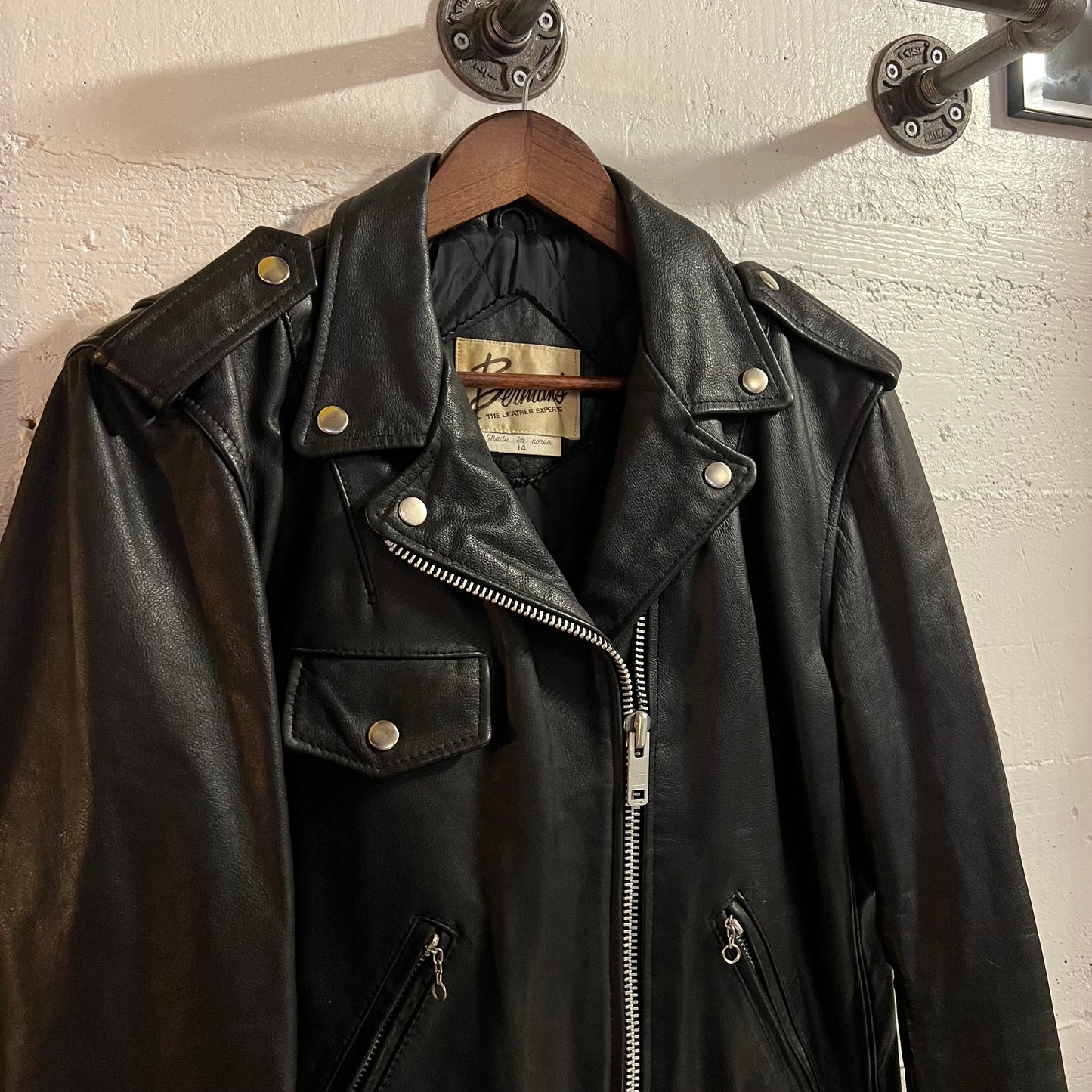 Vintage 1980's Berman's Leather Moto Biker Jacket - Size 14 (Medium) - Genuine Leather - Black