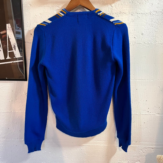 Vintage 60’s Campus Vertical Striped Knitted Cardigan Sweater - Size Youth XL (16) - Made In USA - Royal Blue/Multi