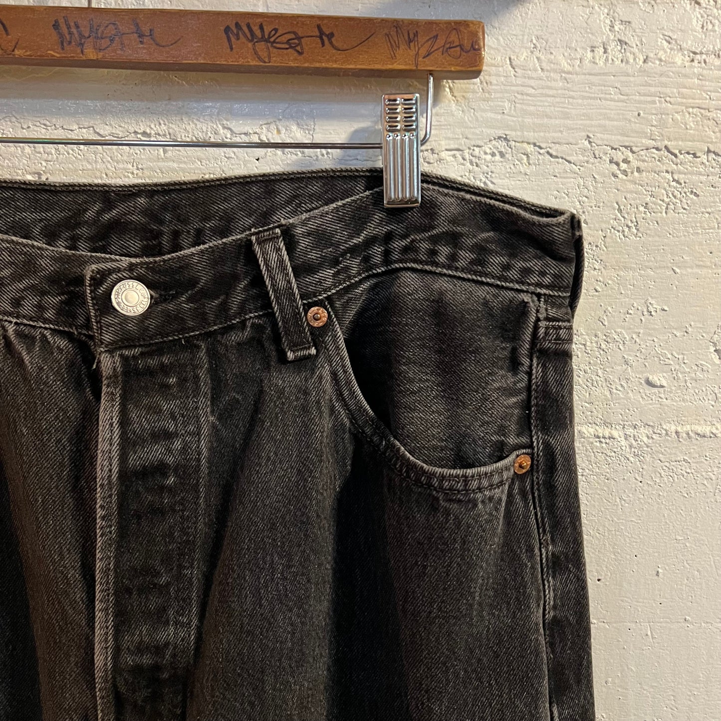 Vintage 90's Levi's 501 Button Fly Faded Black Denim Jean - Tag Size 36" x 32" - Made In USA