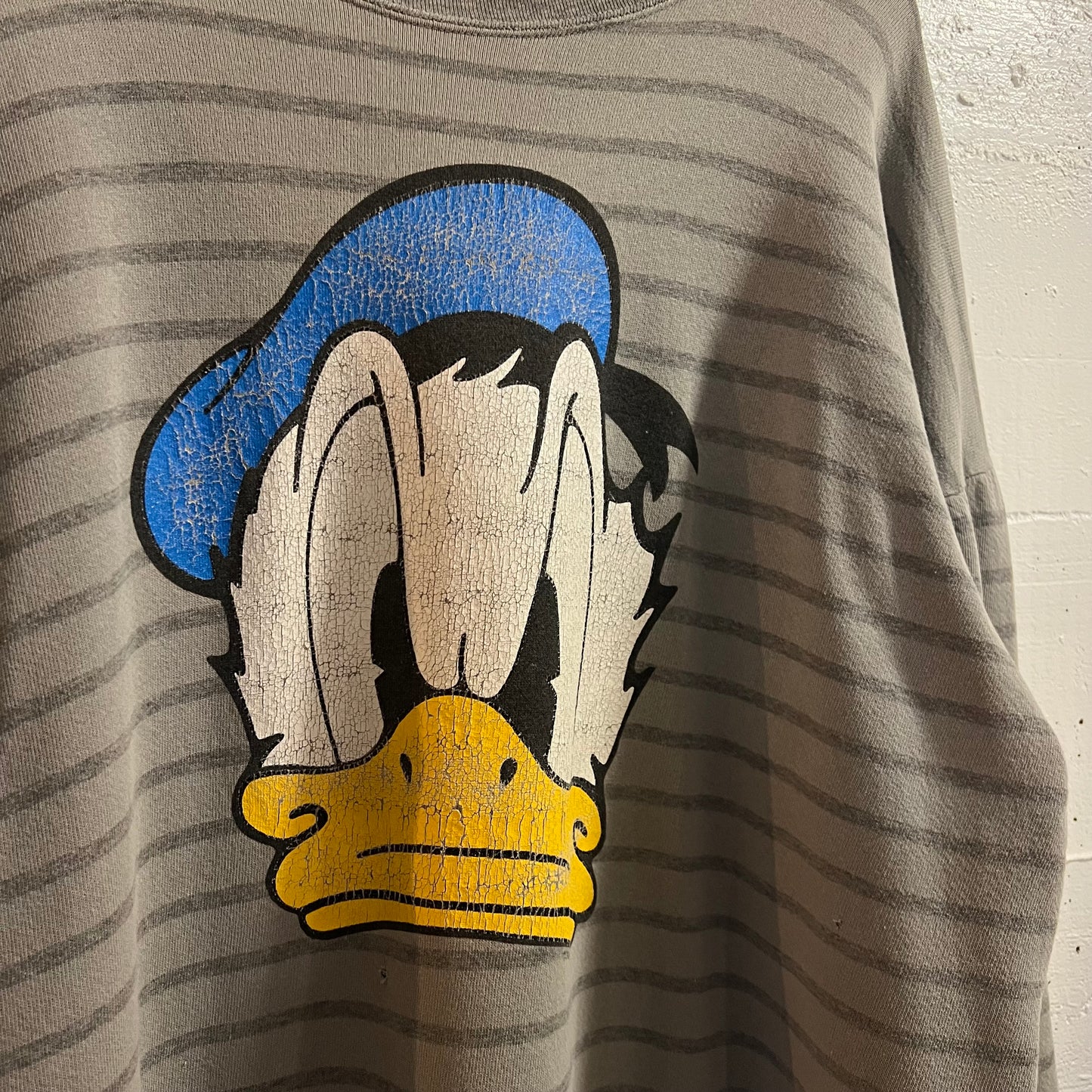 Vintage Distressed Disney Donald Duck Striped Mock Neck Crewneck Sweatshirt - Size XL/XXL - Made In USA - Grey/Multi