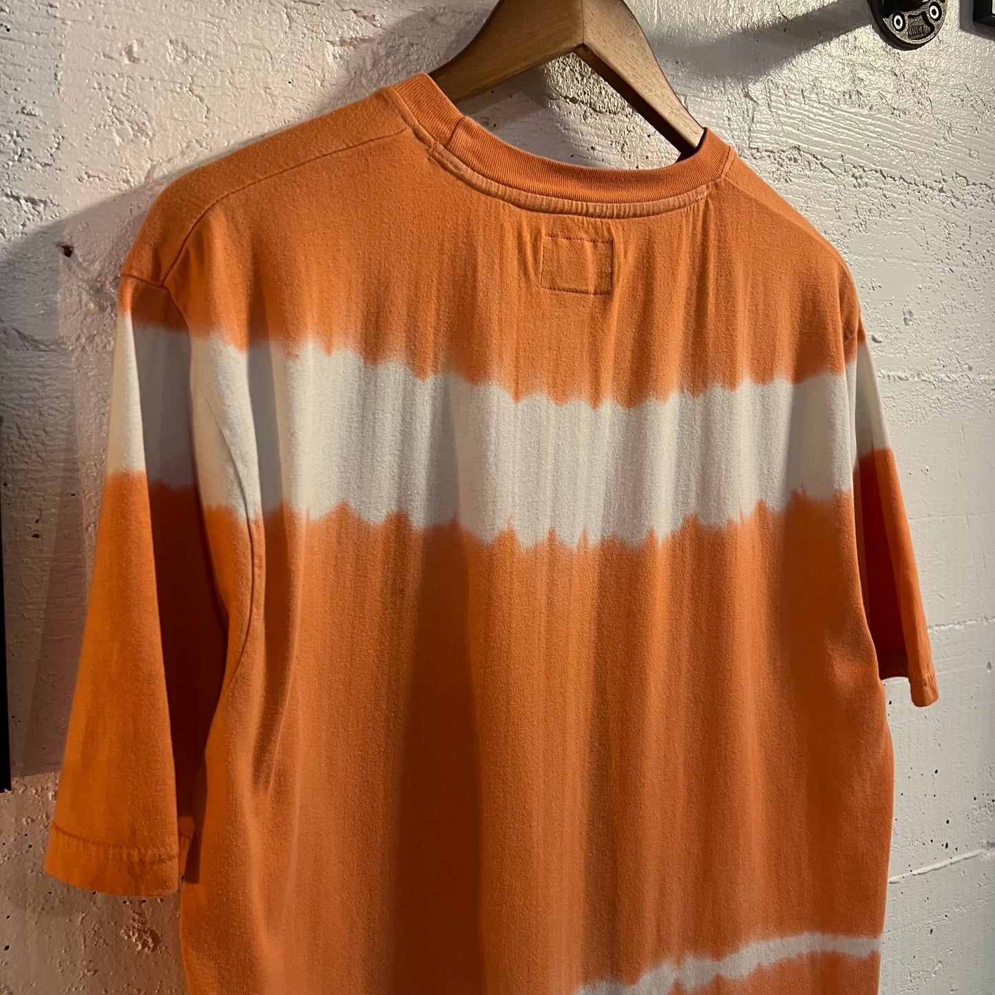 *Pre-Owned* Stüssy Bleach Dyed Embroidered Logo T-Shirt - Size Medium - Coral/White
