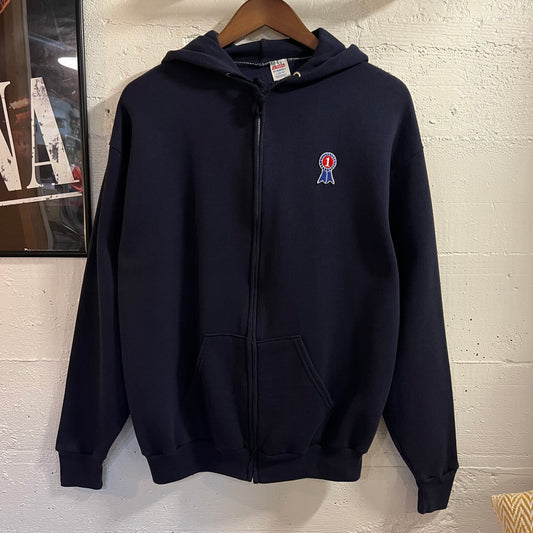 Vintage 80’s Jerzees ‘First Place’ Full Zip Hoodie Sweatshirt - Size Large - Made In USA - Navy