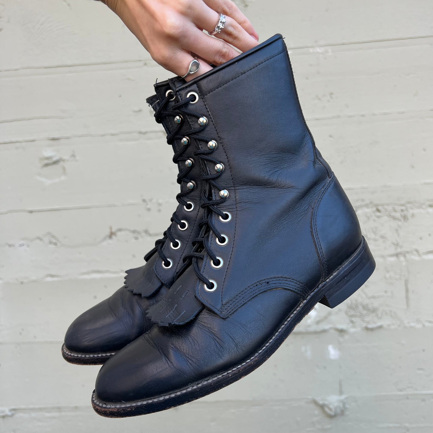 Vintage Justin's 506 McKean Lace Up Roper Kiltie Leather Boots - Size 6.5C (Narrow) - Black Leather
