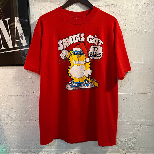 Vintage 90's J. Bates Christmas Cat 'Santa's Gift To Babes' Single Stitch Graphic T-Shirt - Size XL - Made In USA - Red