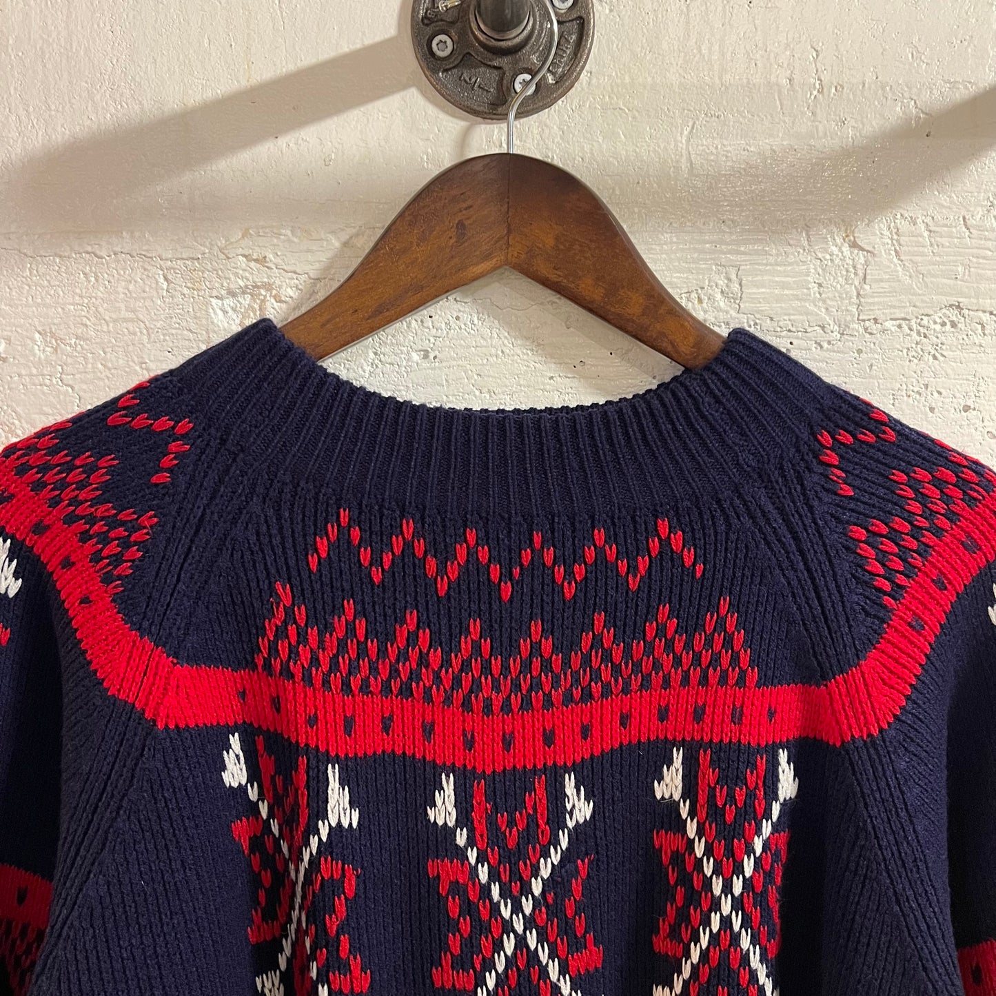 Vintage 70’s JCPenney Fair Isle Geometric Patterned Knit Raglan Sweater - Size Medium - Red/Navy/White