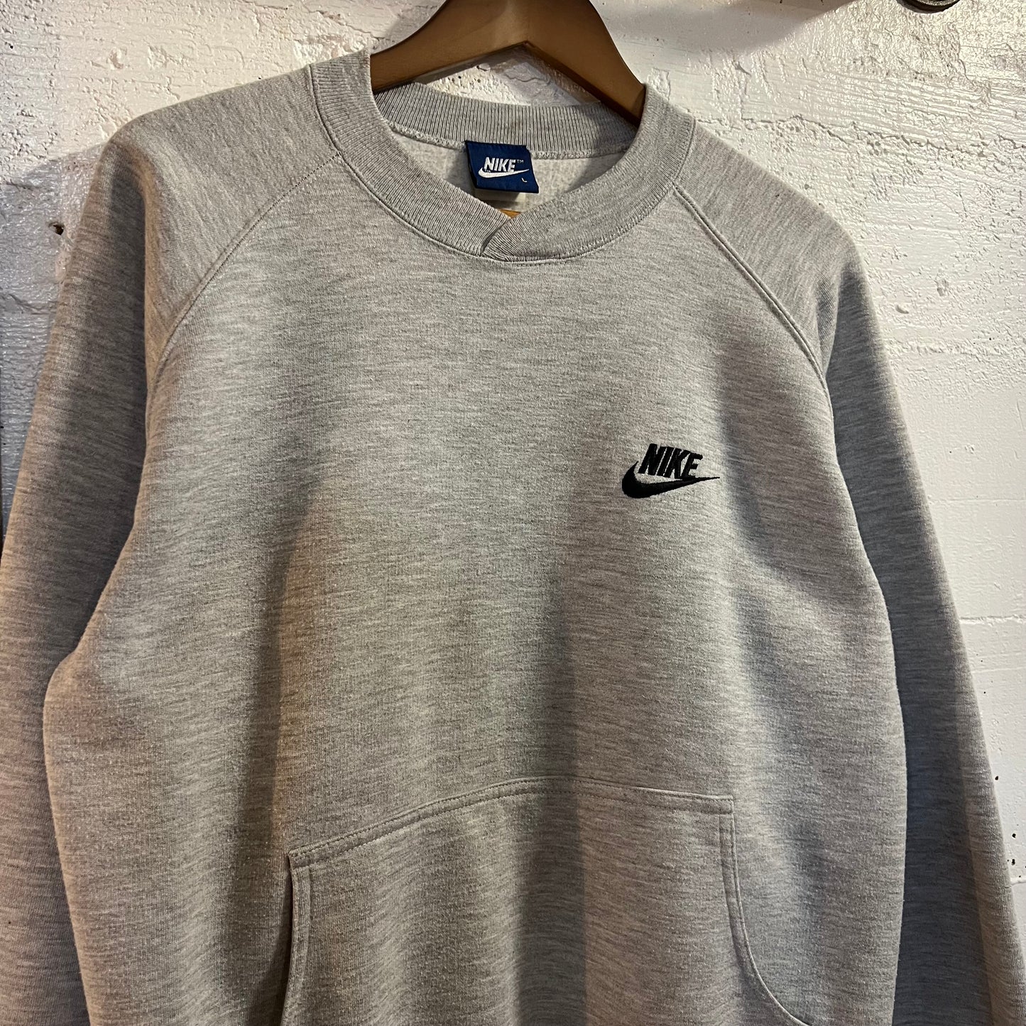 Vintage 80’s Embroidered Nike Raglan Crewneck W/ Kangaroo Pocket - Size Large - Heather Grey