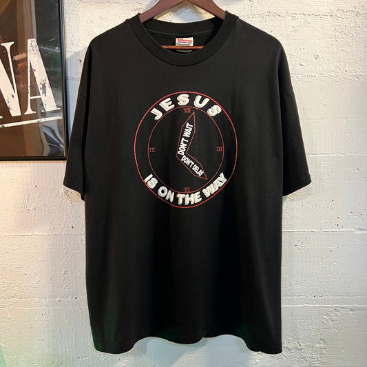 Vintage Jesus Is On The Way Clock T-Shirt - Size XL - Black/White/Red