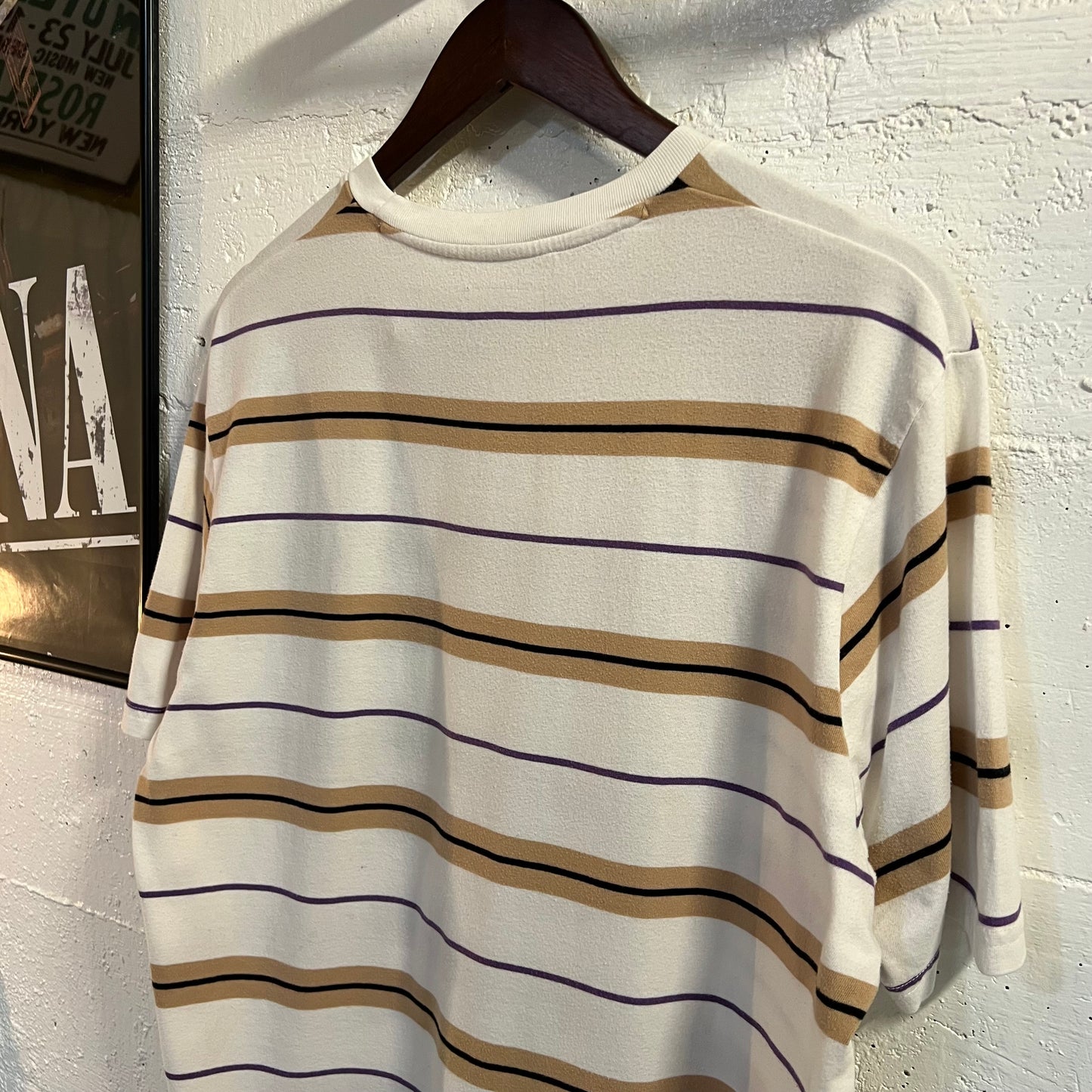 *Pre-Owned* Stüssy Embroidered Logo Striped Pocket T-Shirt - Size Medium - White/Beige/Violet