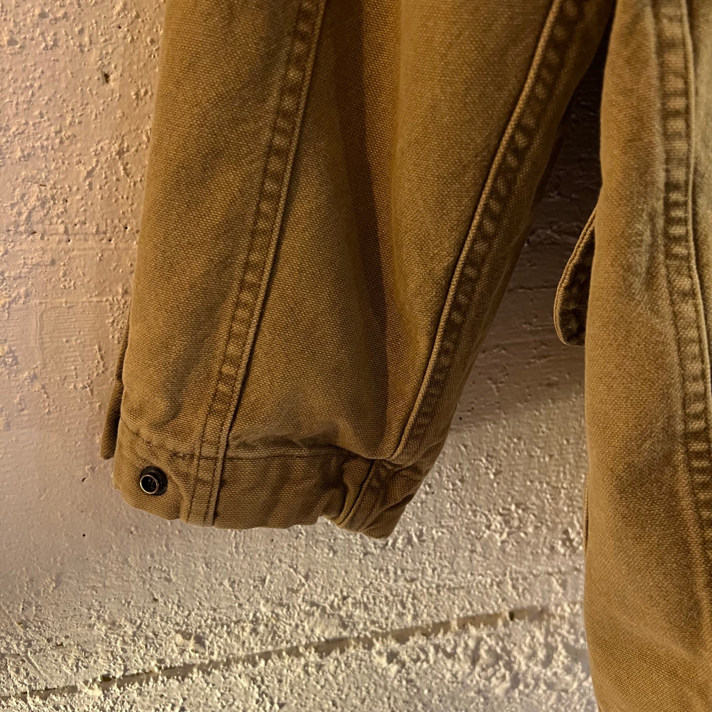 Vintage 90's Woolrich Aztec Lined Leather Collar Barn Coat - Size Large - Made In USA - Tan/Khaki