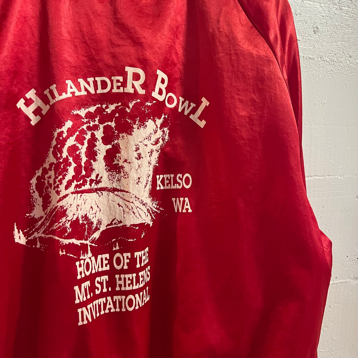 Vintage 1980's Highlander Bowl Mt. St Helens Invitational 'Kelso WA' Satin Bomber Jacket - Size XL - Union Made In USA - Red/White