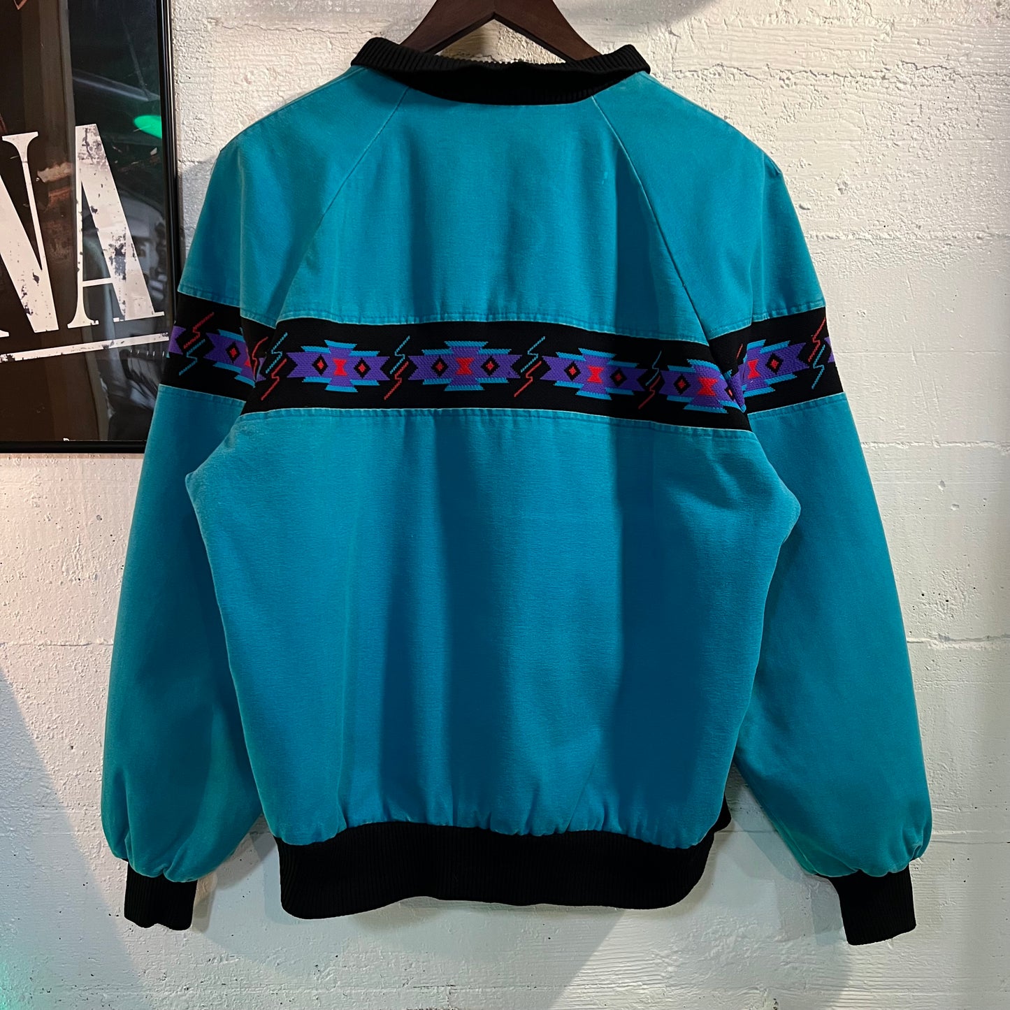 Vintage David James Aztec Blanket Lined Canvas Bomber Jacket - Size Large - Made In USA - Turquoise/Black