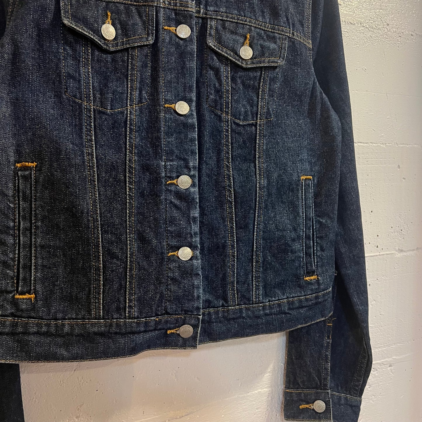 Vintage Polo Jeans Co. Ralph Lauren Rhinestone Flag Denim Trucker Jacket - Size XL - Raw Dark Indigo