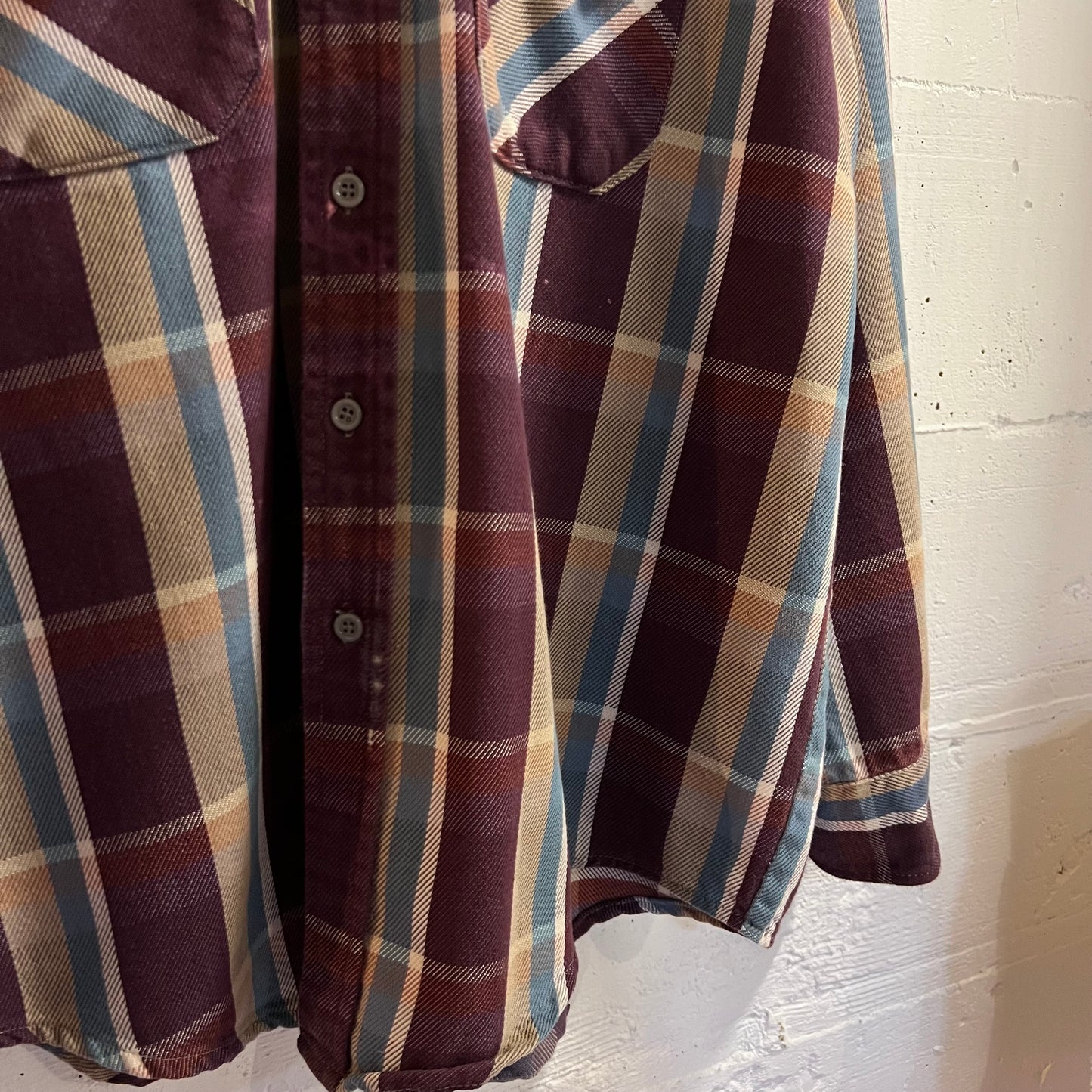Vintage 80’s Frostproof Plaid Cotton Flannel Shirt - Size XL - Made In USA - Purple/Blue/Tan/White