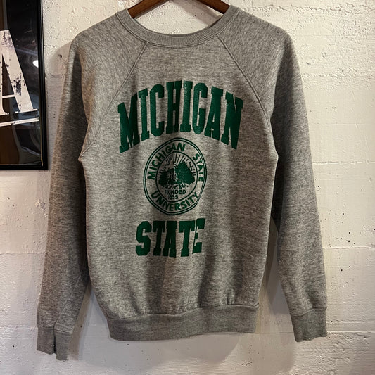Vintage 80’s Michigan State University Raglan Sleeve Crewneck Sweatshirt - Size Medium - Made In USA - Heather Grey/Forrest Green