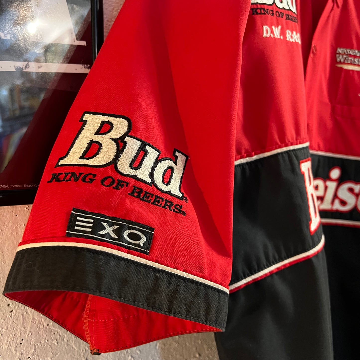 Vintage 90's Budweiser 'King Of Beers-Louie The Chameleon' Nascar Winston Cup Series Embroidered Pit Crew Racing Shirt - Size Large - Made In USA - Red/Multi