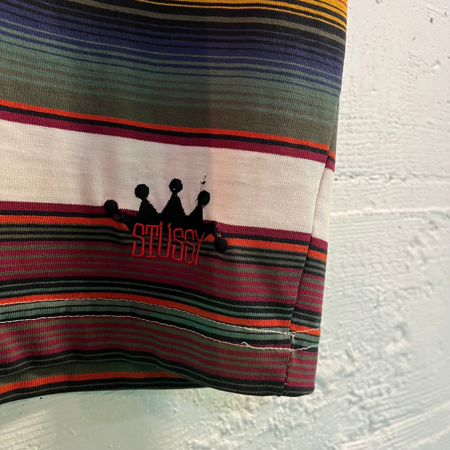 Vintage 80's Stüssy Embroidered Crown Striped Tom Tom Pocket T-Shirt
 - Size Medium - Made In USA