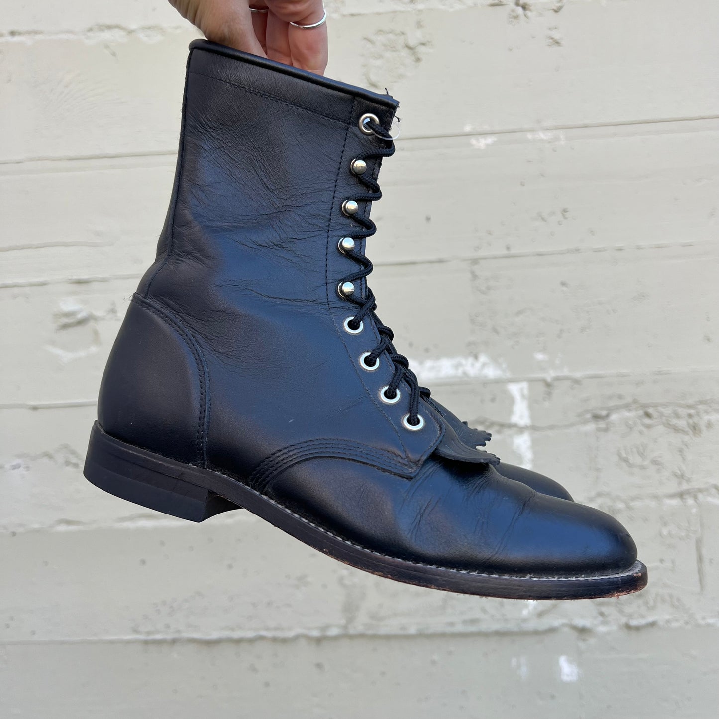 Vintage Justin's 506 McKean Lace Up Roper Kiltie Leather Boots - Size 6.5C (Narrow) - Black Leather