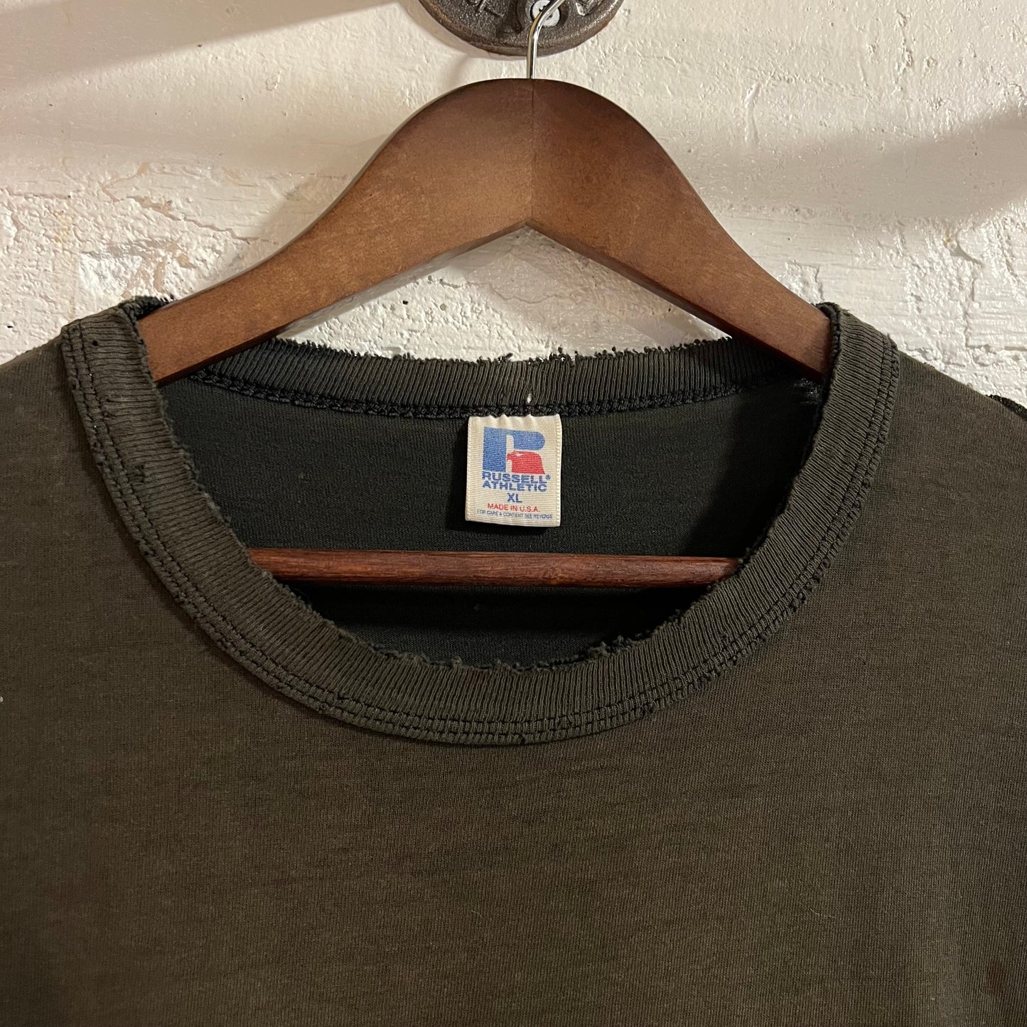 Vintage 90's Exceptionally Distressed Russell Athletic Blank T-Shirt - Size XL - Made In USA - Faded Black