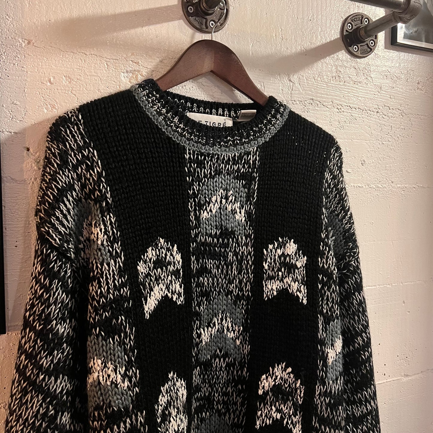 Vintage 80’s/90’s Le Tigré Heavyweight Acrylic Abstract Geometric Panel Knitted Sweater - Size Medium - Black/Blueish Grey/White