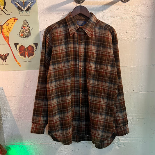 Vintage 1960's Pendleton Wool Lodge Flannel Shirt - Size Large (Long) - Made In USA - Brown Plaid